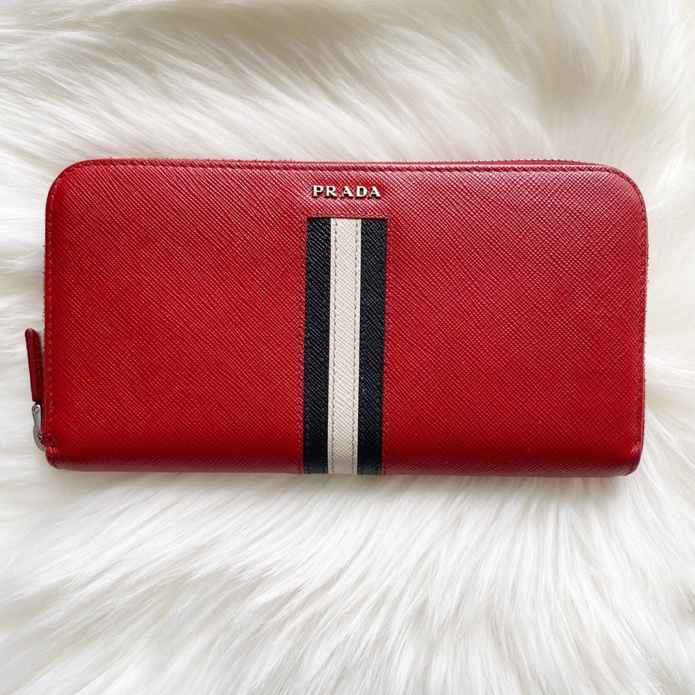 Prada Stripped Saffiano Red Zip Wallet